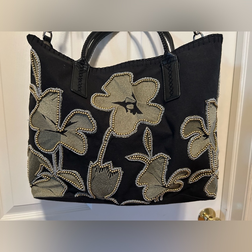 Desigual Black and Green Floral Beaded and Embroidered Tote